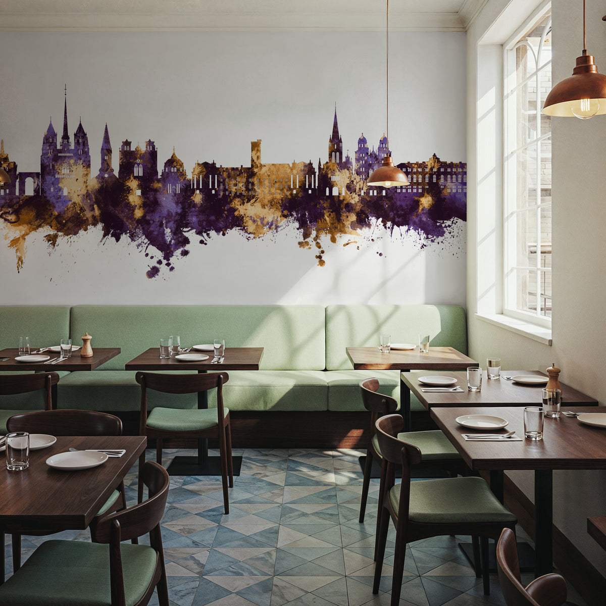 Dijon France Skyline Purple & Gold Mural Wallpaper - room preview 02