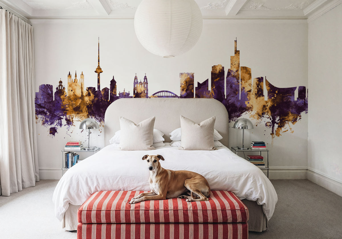 Vilnius Lithuania Skyline Purple & Gold Mural Wallpaper - room preview 02
