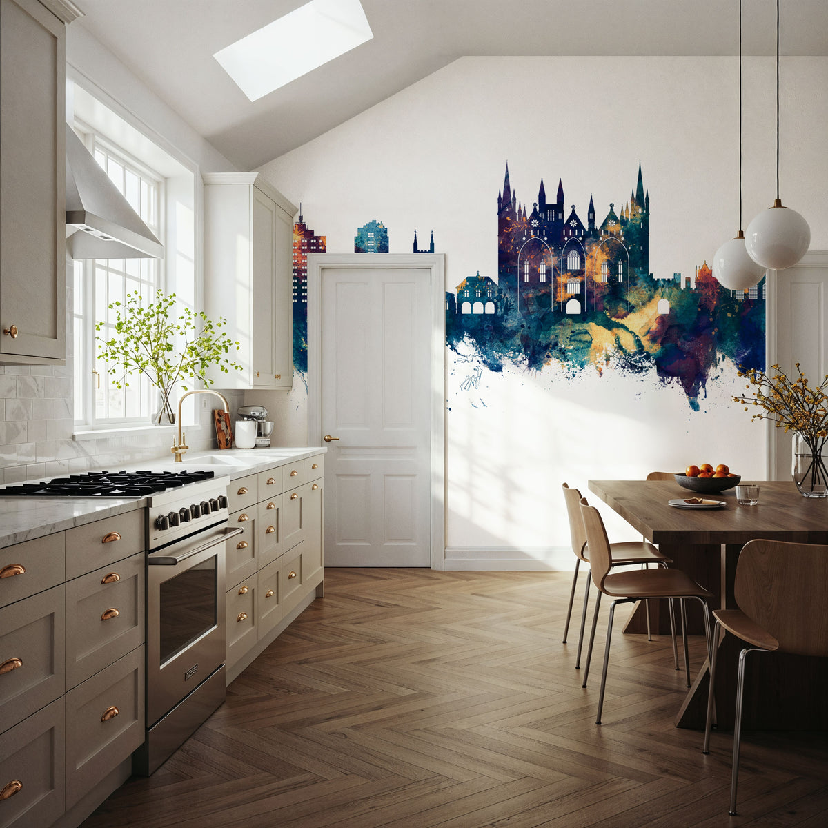 Peterborough England Skyline Blue & Bronze Mural Wallpaper - room preview 02