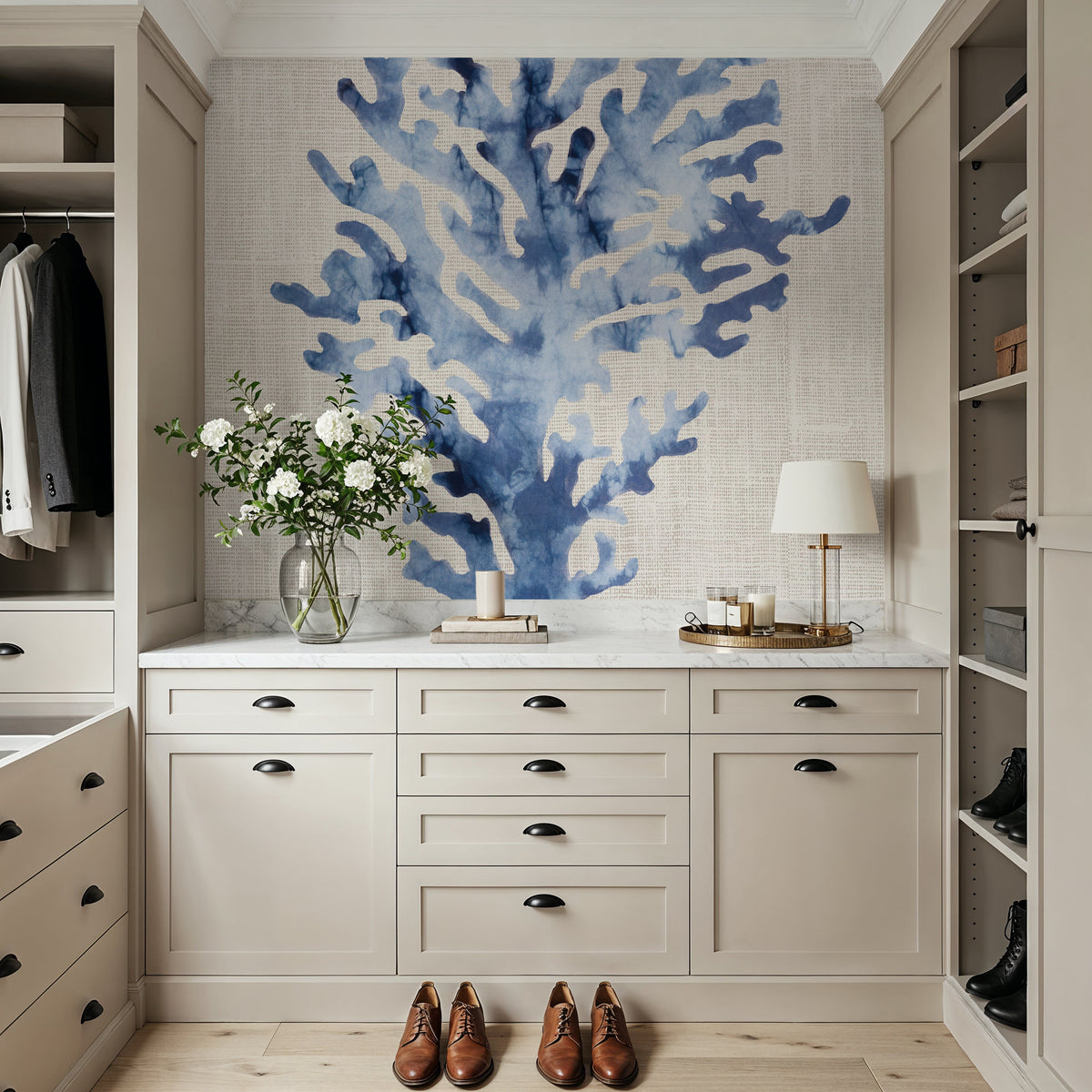 Shibori Coral III on Linen Mural Wallpaper - room preview 02
