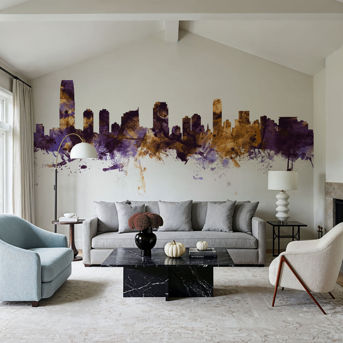 Jersey City New York Skyline Purple & Gold Mural Wallpaper - room preview 02