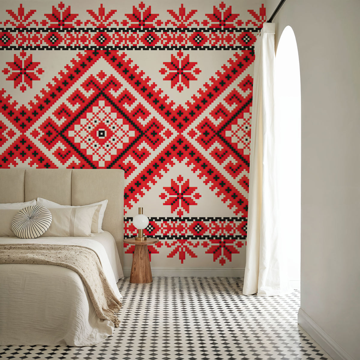 Pixel Embroidery Red Mural Wallpaper - room preview 02