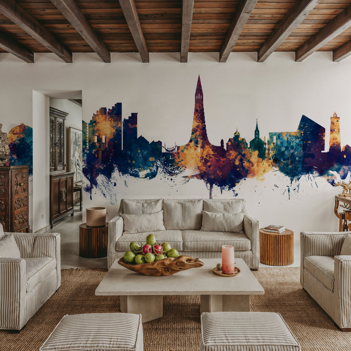 Reykjavík Skyline Blue & Bronze Mural Wallpaper - room preview 02