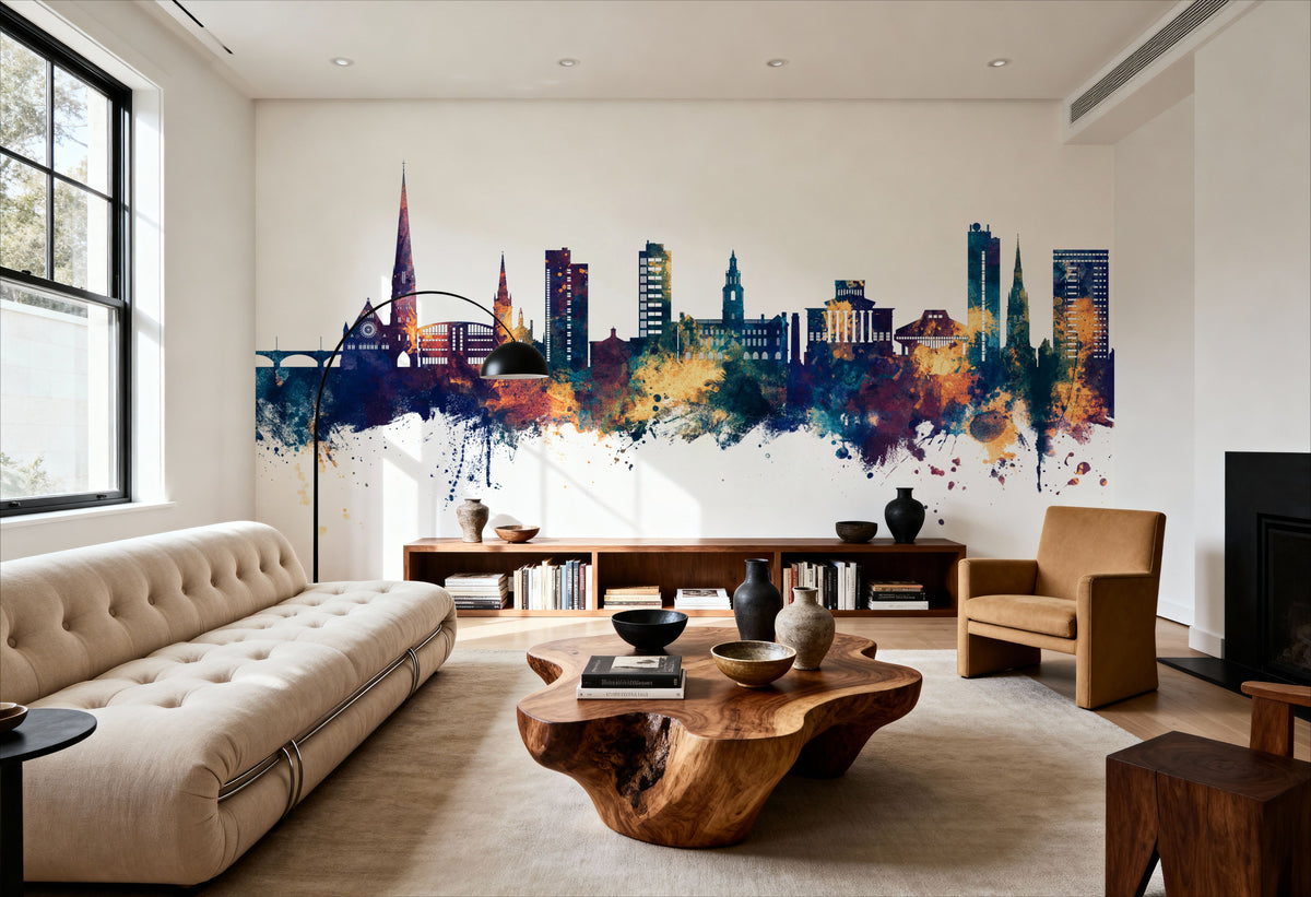 Preston England Skyline Blue & Bronze Mural Wallpaper - room preview 02