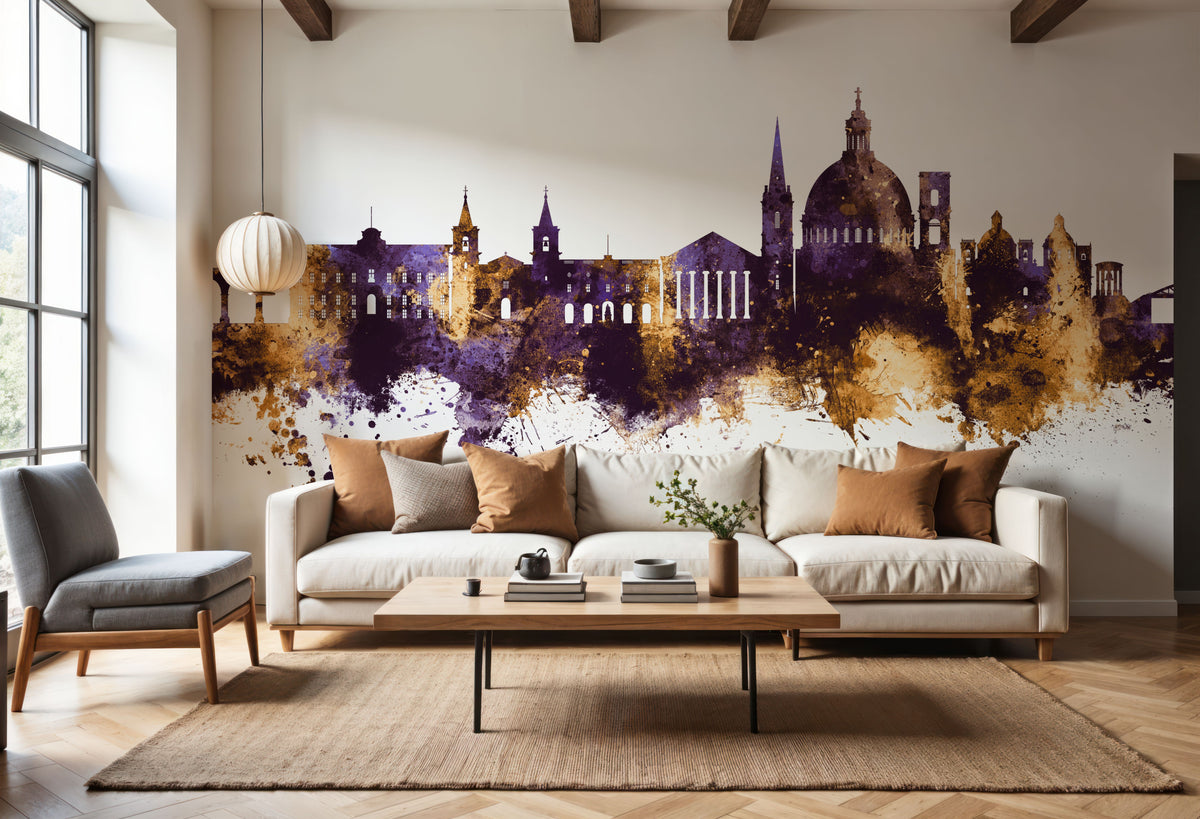 Valletta Malta Skyline Purple & Gold Mural Wallpaper - room preview 02