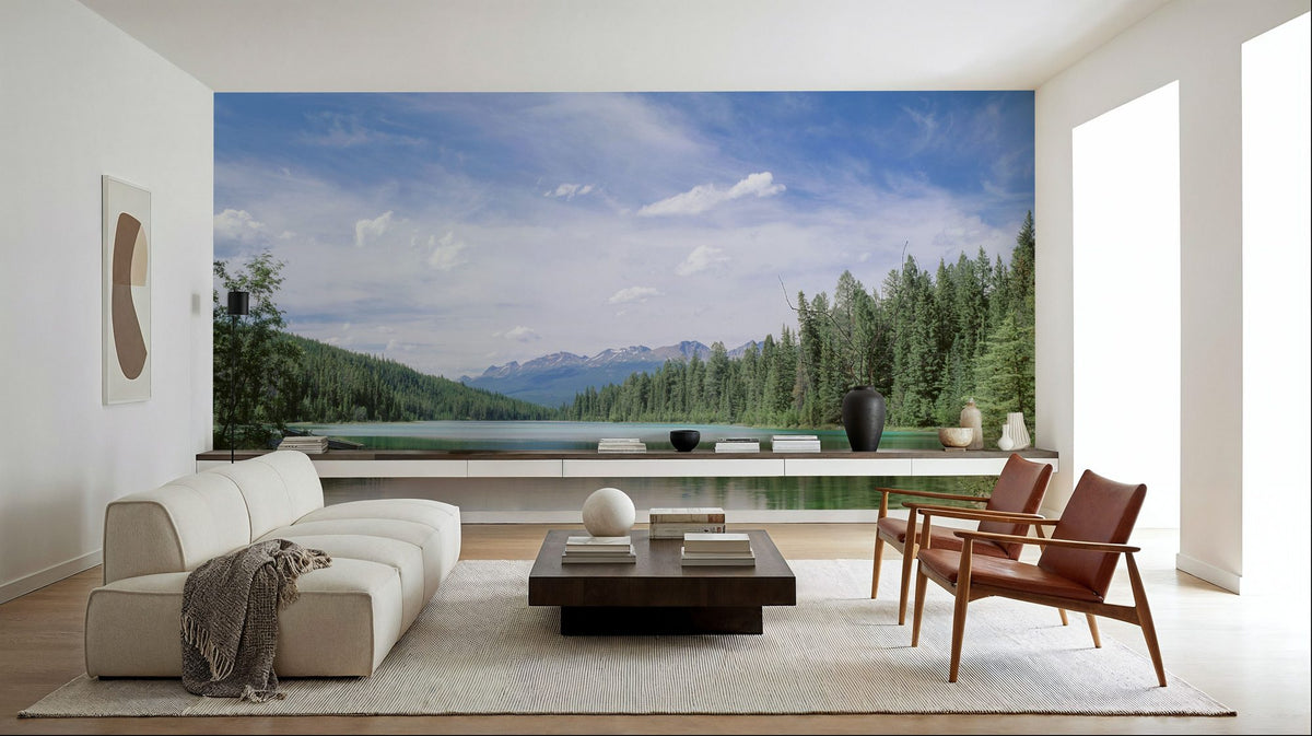 Mountain Mirror Lake Mural Wallpaper - Neutral Tone - room preview 02
