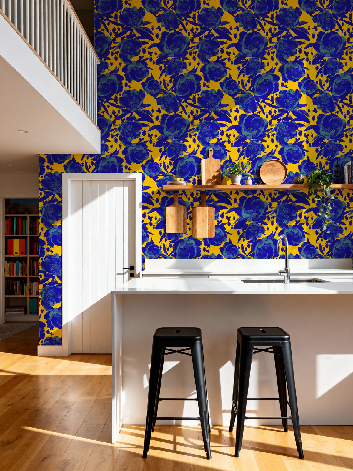 Pop Peonies, Yellow & Blue Mural Wallpaper - room preview 02