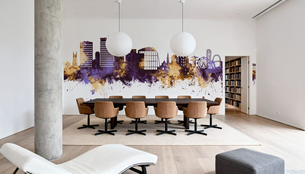 Southend-on-Sea England Skyline Purple & Gold Mural Wallpaper - room preview 02