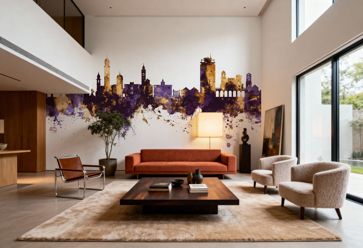 Lugano Switzerland Skyline Purple & Gold Mural Wallpaper - room preview 02