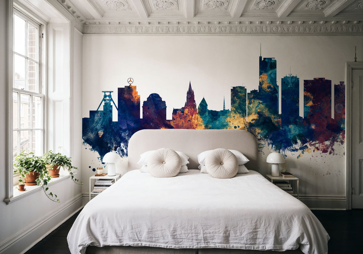 Essen Germany Skyline Blue & Bronze Mural Wallpaper - room preview 02