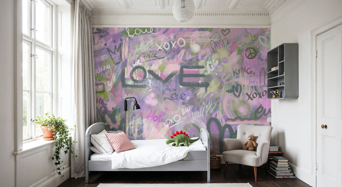 Graffiti Love, Lavender Mural Wallpaper - room preview 02