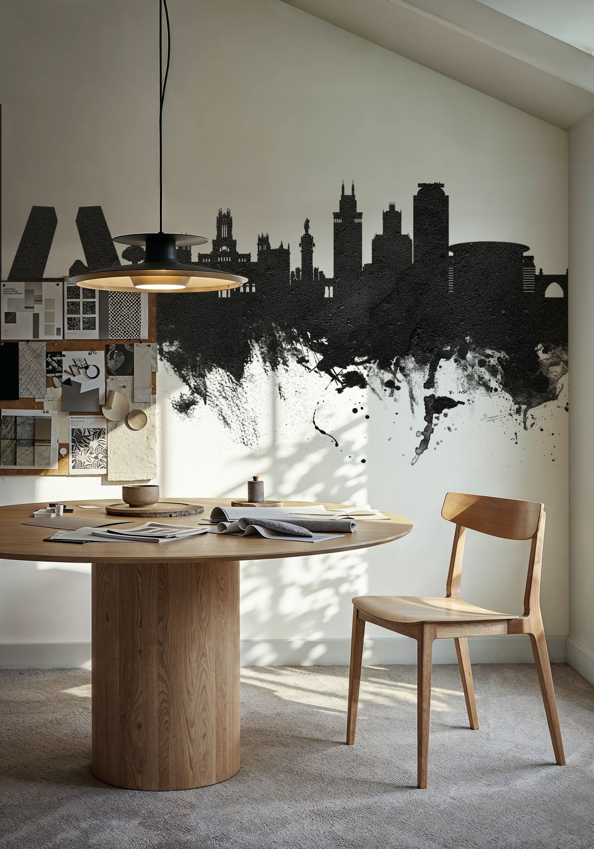 Madrid Skyline Black & White Mural Wallpaper - room preview 02