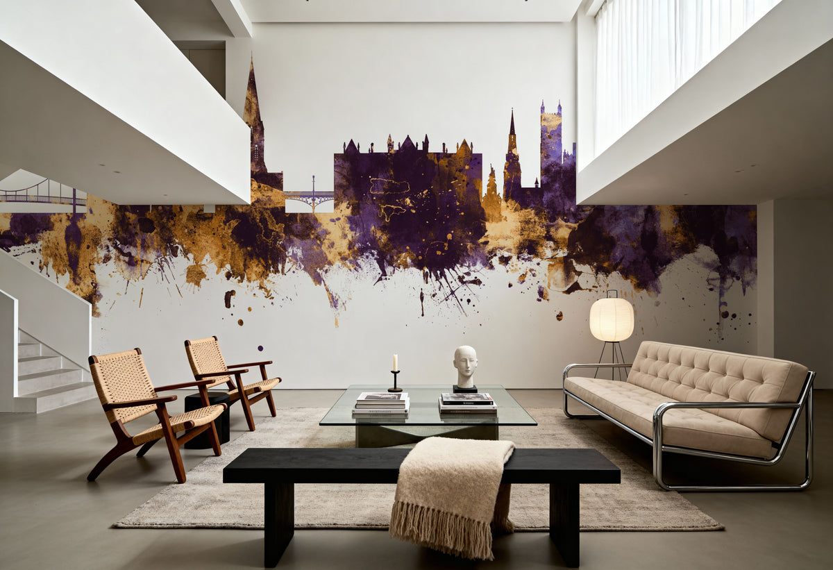 Exeter England Skyline Purple & Gold Mural Wallpaper - room preview 02