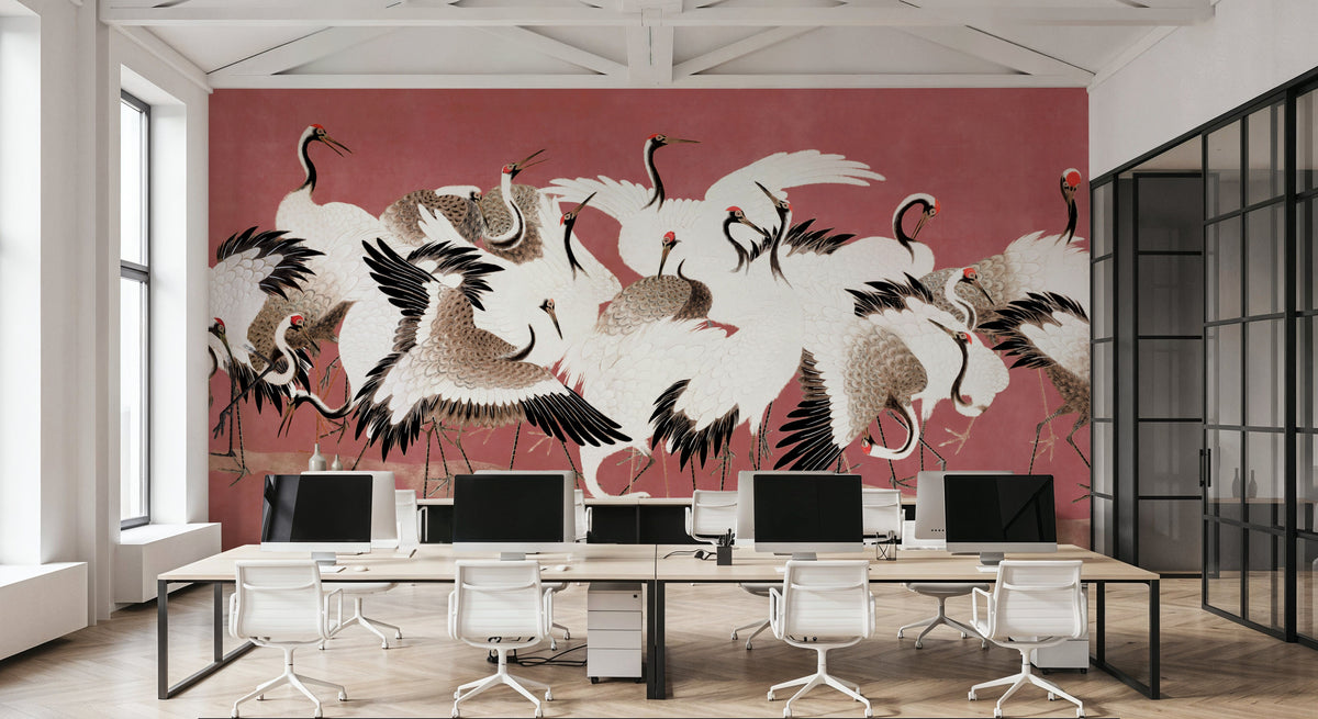 Japanese Flock of Cranes, Coral Blush Mural Wallpaper - room preview 02