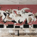 Japanese Flock of Cranes, Coral Blush Mural Wallpaper - room preview 02