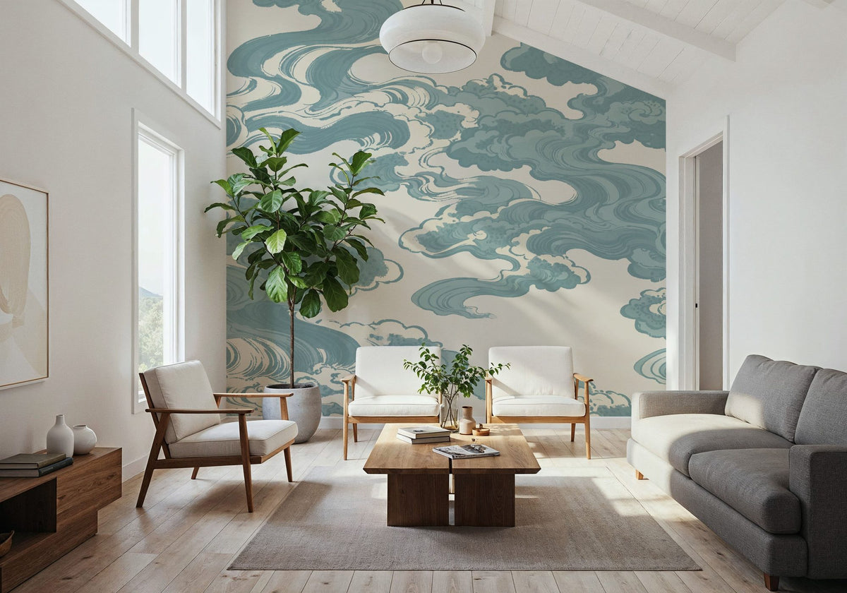 Ukiyo-e Clouds, Soft Teal Mural Wallpaper - room preview 02