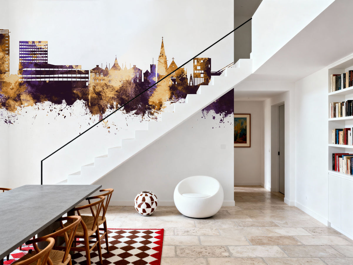 Umeå Skyline Purple & Gold Mural Wallpaper - room preview 02