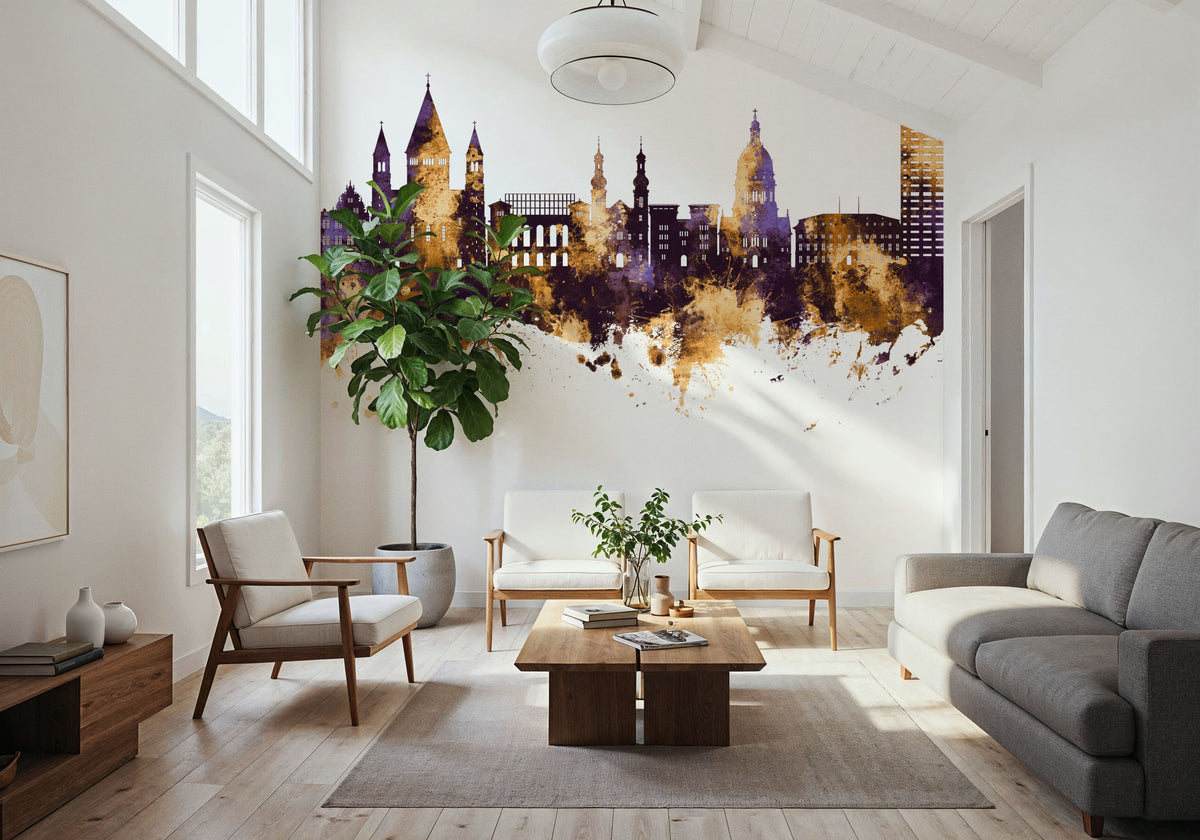 Mainz Germany Skyline Purple & Gold Mural Wallpaper - room preview 02
