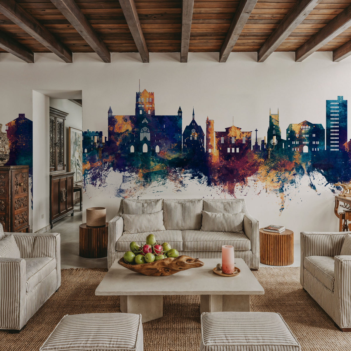 St Albans England Skyline Blue & Bronze Mural Wallpaper - room preview 02