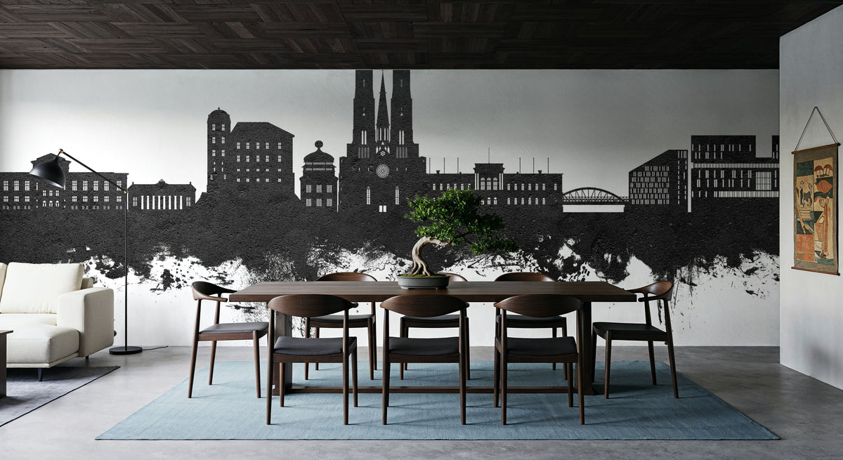 Uppsala Skyline Black & White Mural Wallpaper - room preview 02