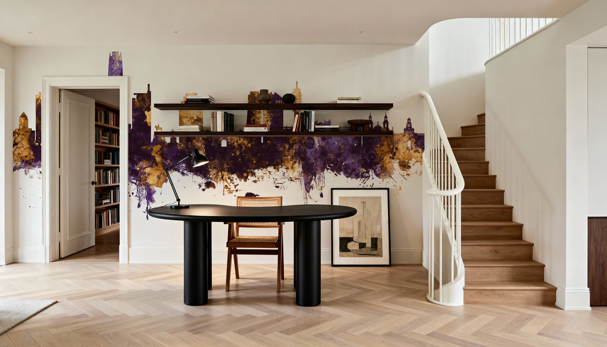 Santiago De Chile Skyline Purple & Gold Mural Wallpaper - room preview 02