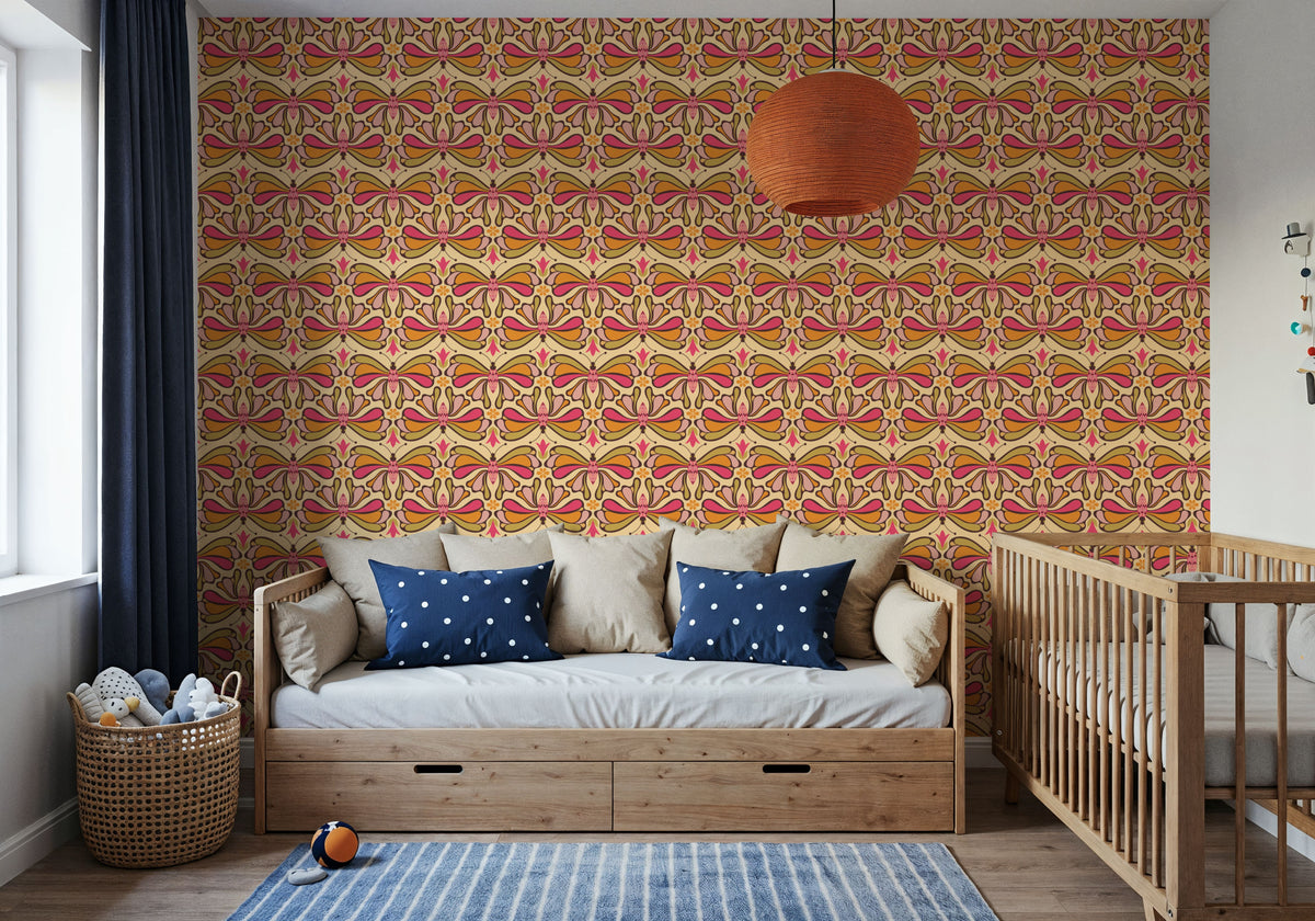 Retro Bold Butterflies, Orange Mural Wallpaper - room preview 02