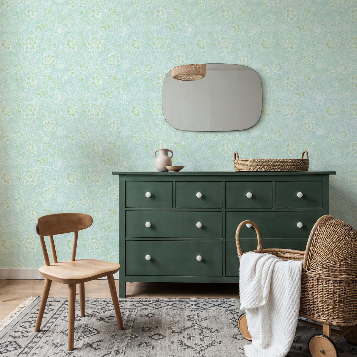 Kala Flowers White on Mint Mural Wallpaper - room preview 02