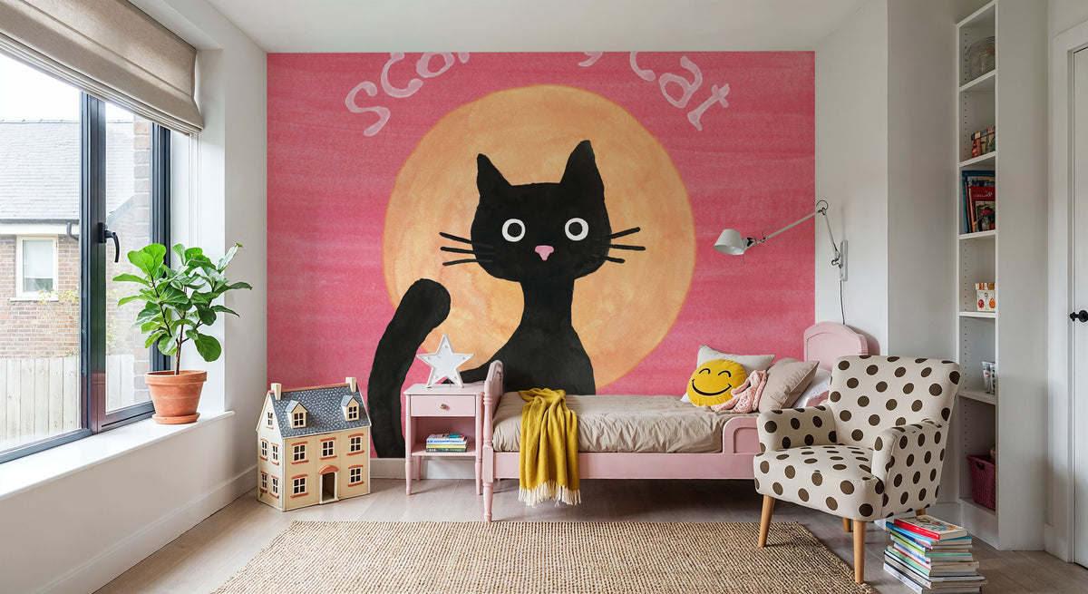 Scaredy Cat Pink Mural Wallpaper - room preview 02