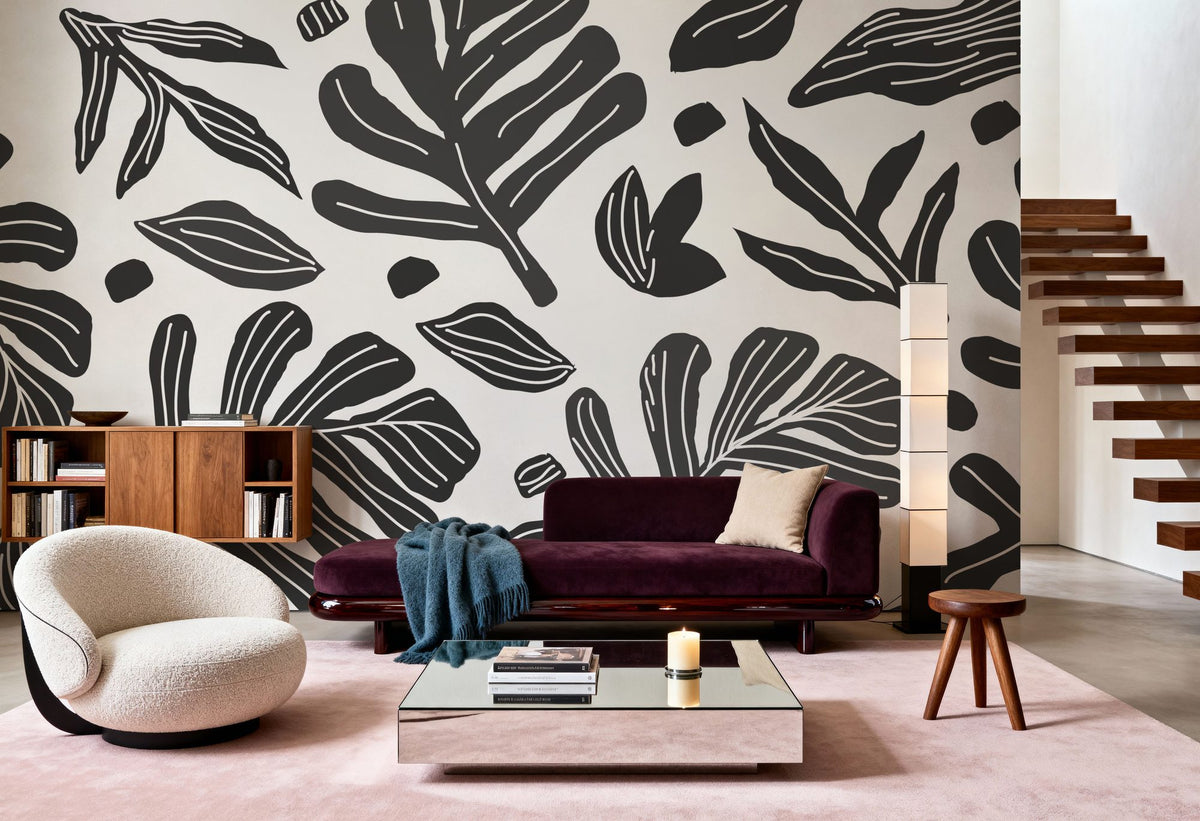 Monstera Cuttings, Black & White Mural Wallpaper - room preview 02