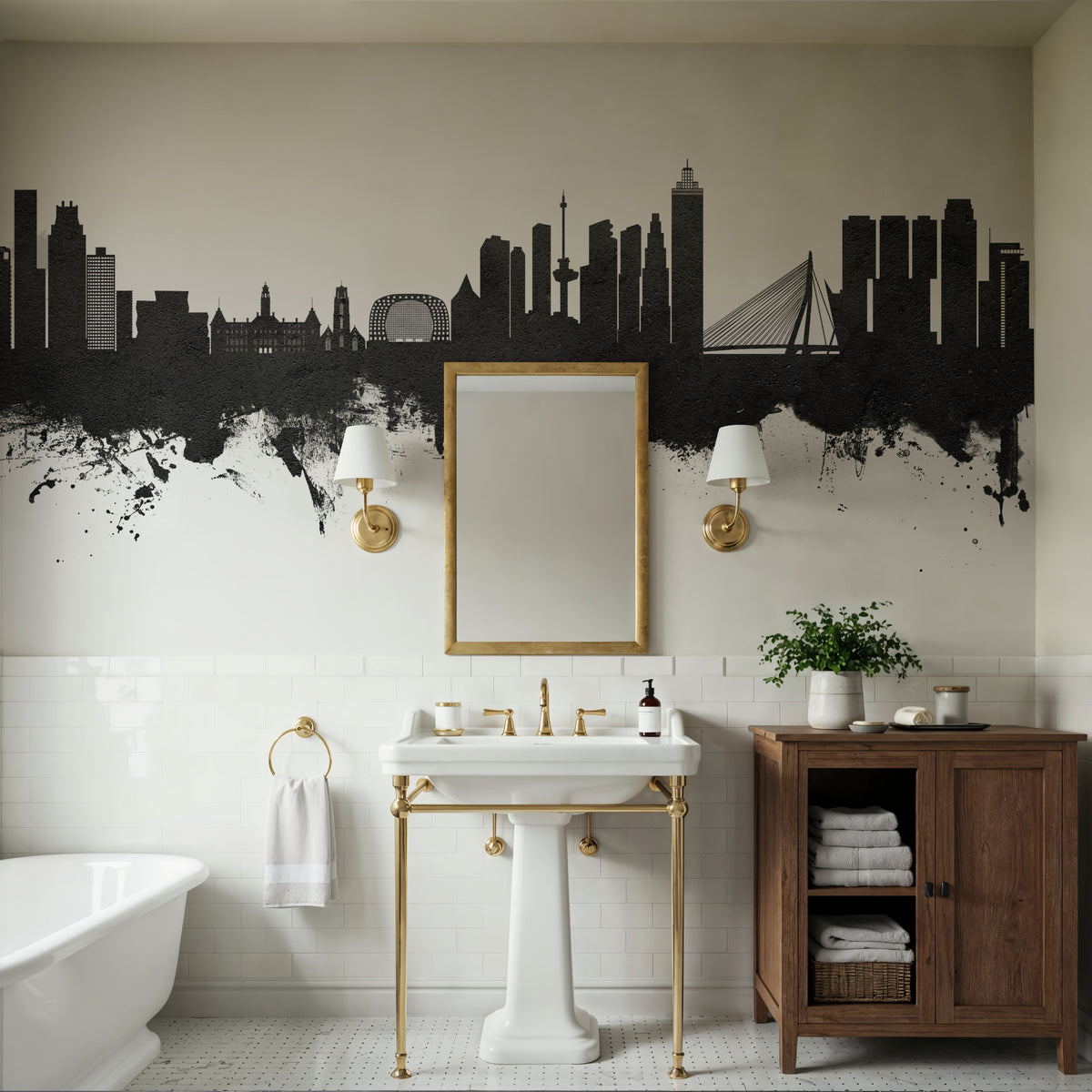 Rotterdam the Netherands Skyline Black & White Mural Wallpaper - room preview 02