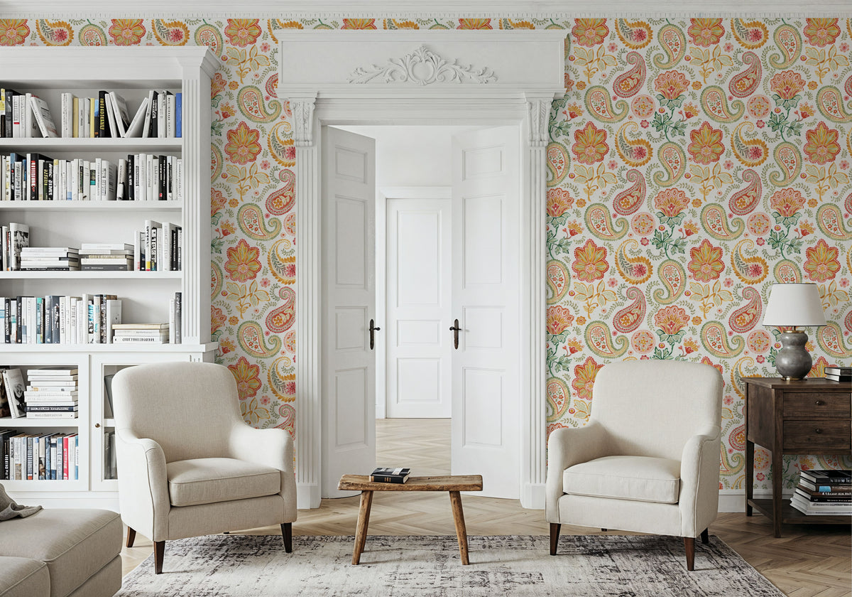 Harvest Paisley Mini White Mural Wallpaper - room preview 02