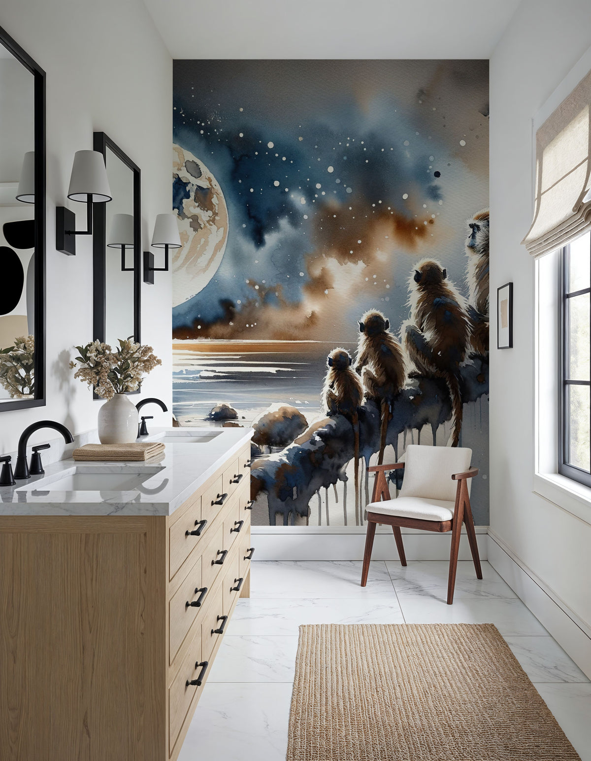 Monkey Family Night Giant Moon Watercolor Mural Wallpaper - room preview 02