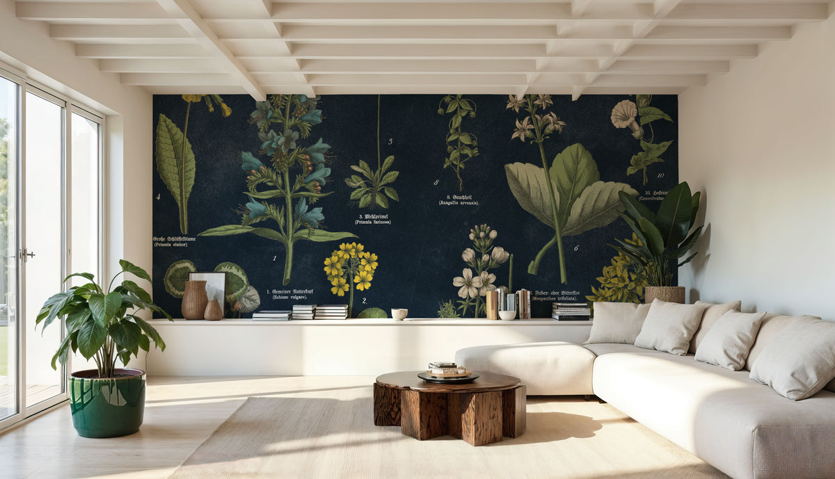 Botanical Floral Chart I Dark Blue Mural Wallpaper - room preview 02