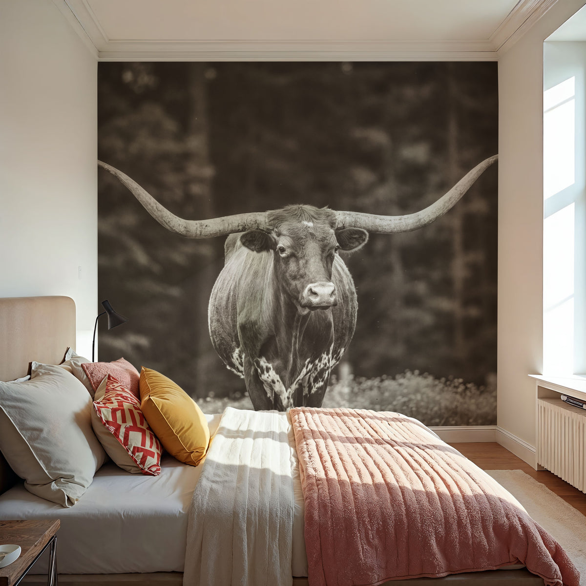 Longhorn Flowers Sepia Mural Wallpaper - room preview 02