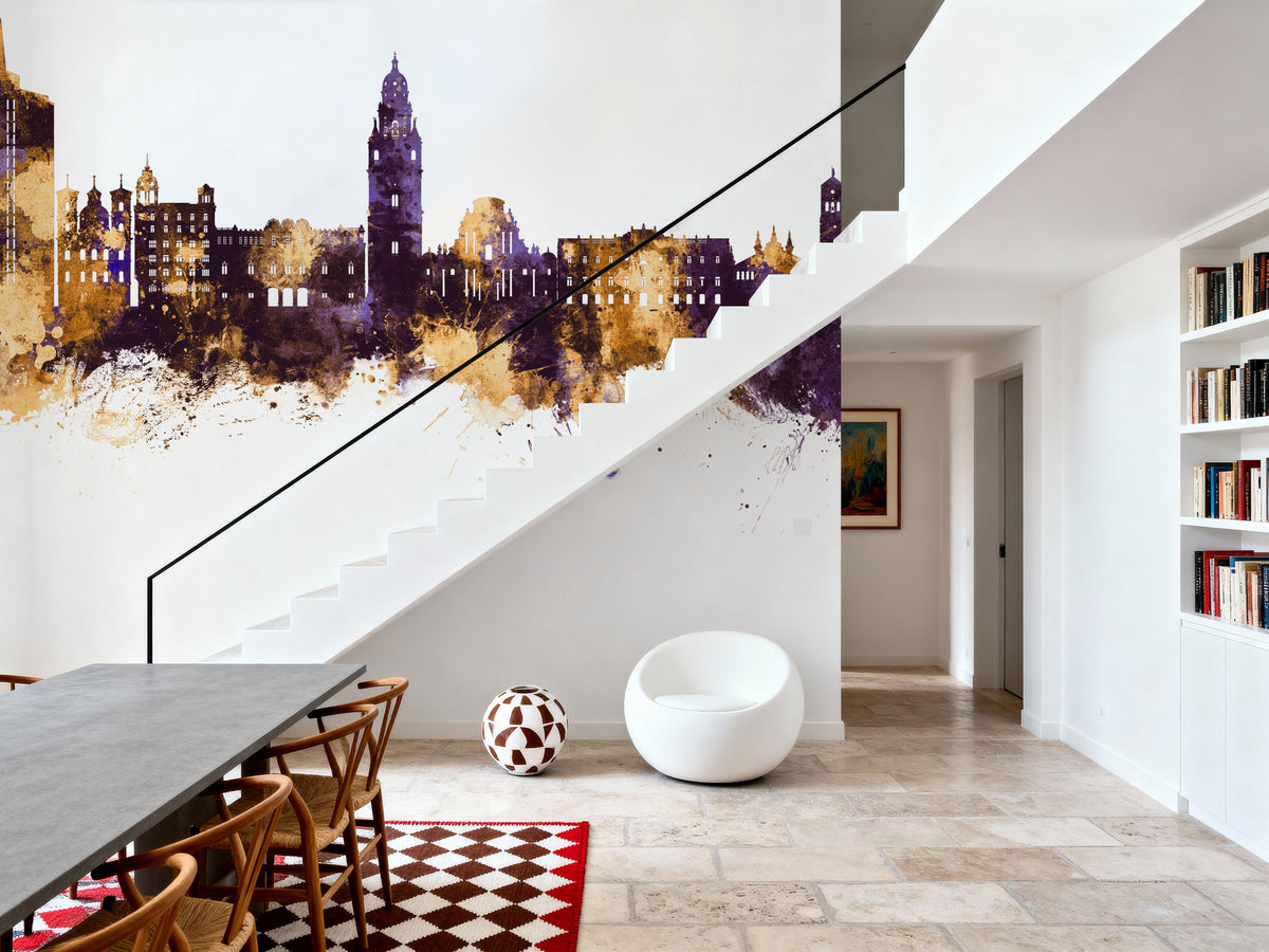 Murcia Spain Skyline Purple & Gold Mural Wallpaper - room preview 02