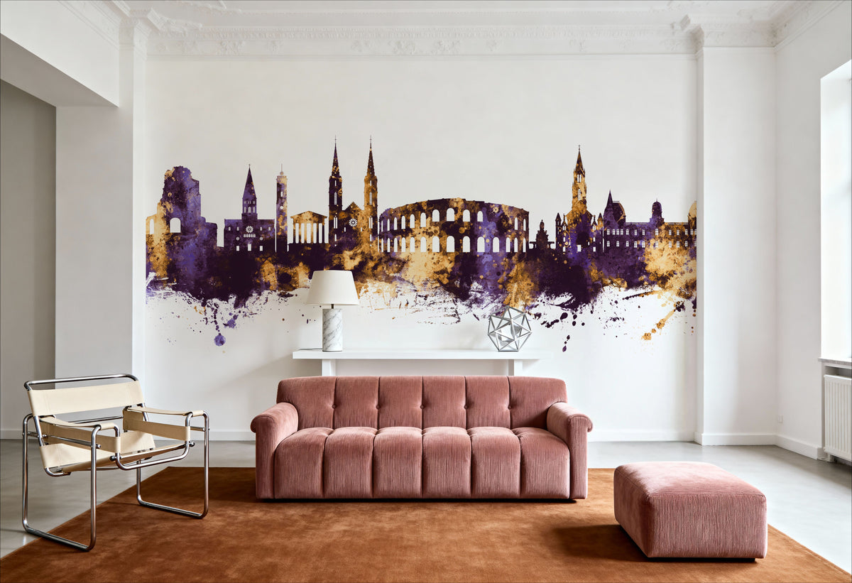 Nîmes France Skyline Purple & Gold Mural Wallpaper - room preview 02
