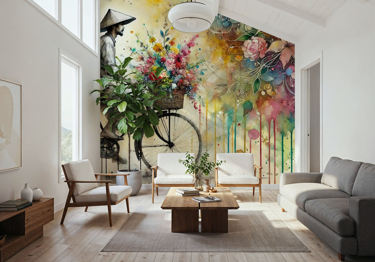 Vibrant Floral Cyclist Mural Wallpaper - room preview 02