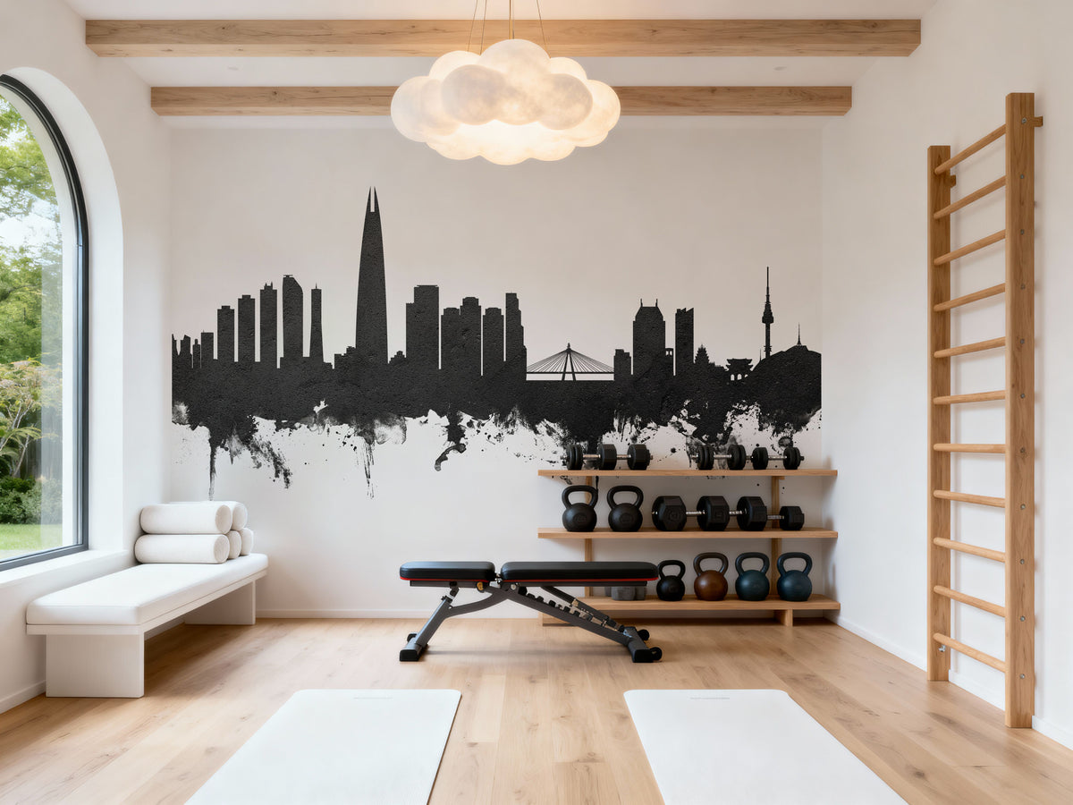 Seoul Skyline Black & White Mural Wallpaper - room preview 02