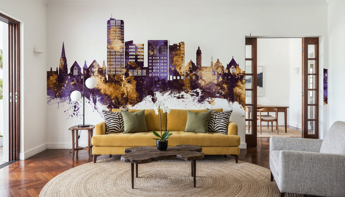 Swindon England Skyline Purple & Gold Mural Wallpaper - room preview 02