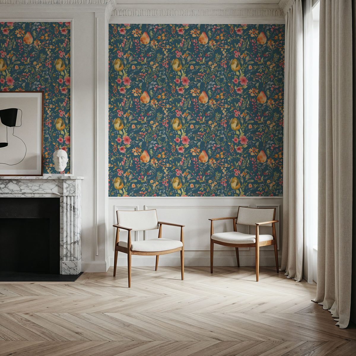 Time to Share Flowers and Pears Blue Mural Wallpaper - room preview 02