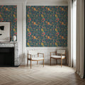 Time to Share Flowers and Pears Blue Mural Wallpaper - room preview 02