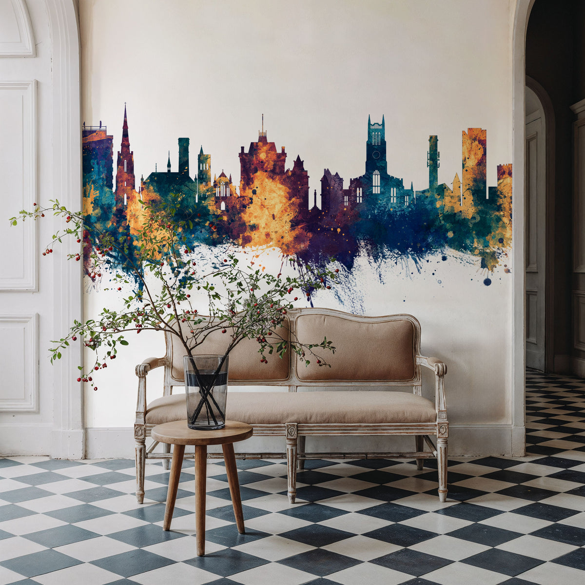 Huddersfield England Skyline Blue & Bronze Mural Wallpaper - room preview 02