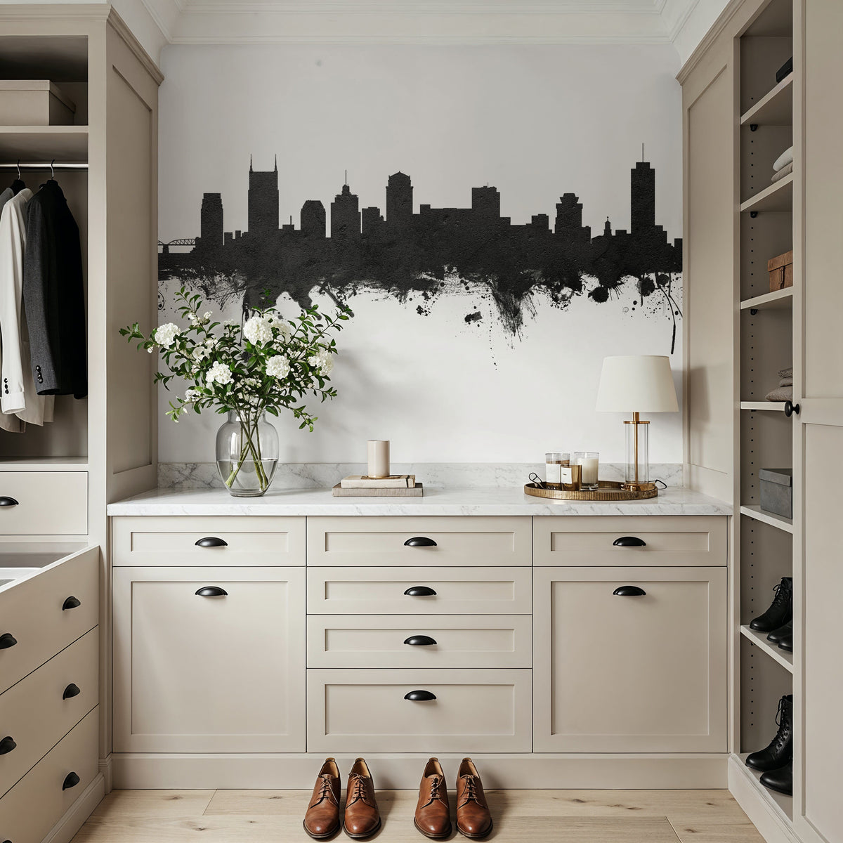 Nashville Tennessee Skyline Black & White Mural Wallpaper - room preview 02