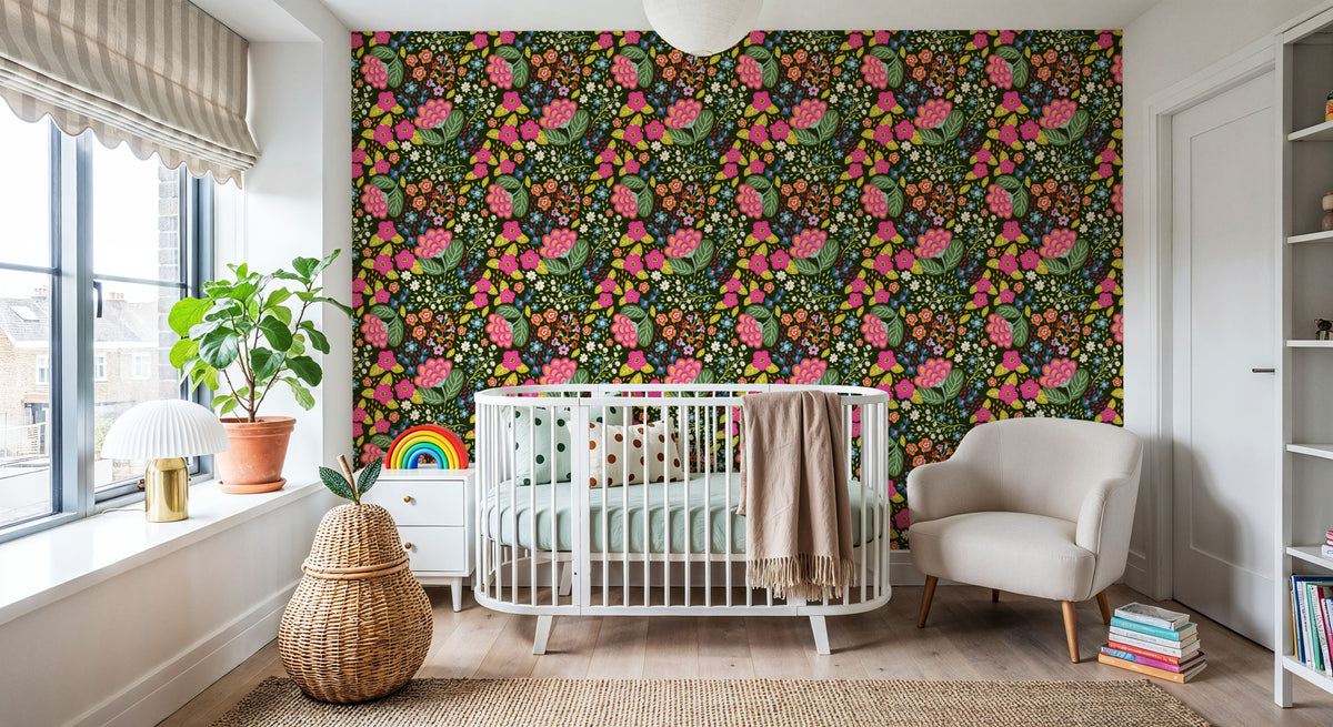Happy Flowers, Pine Green Mural Wallpaper - room preview 02