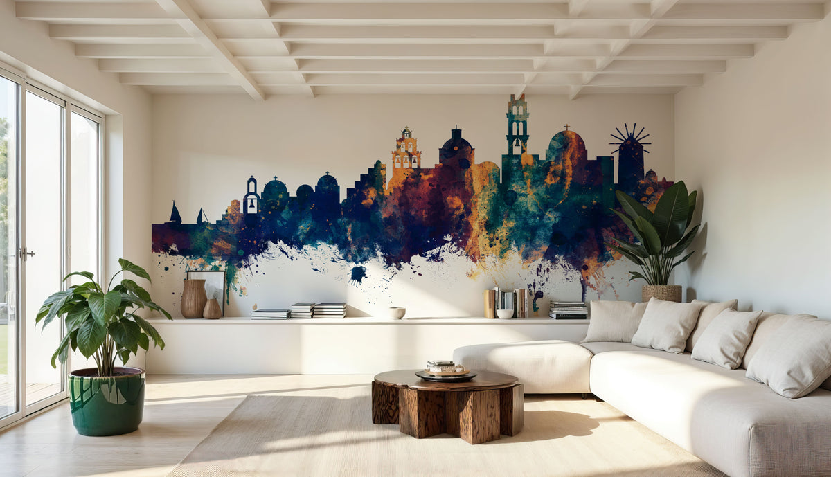 Santorini Skyline Blue & Bronze Mural Wallpaper - room preview 02