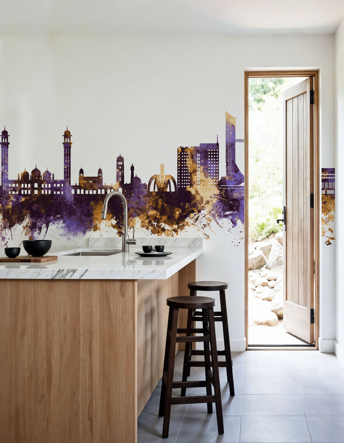 Faislabad Pakistan Skyline Purple & Gold Mural Wallpaper - room preview 02