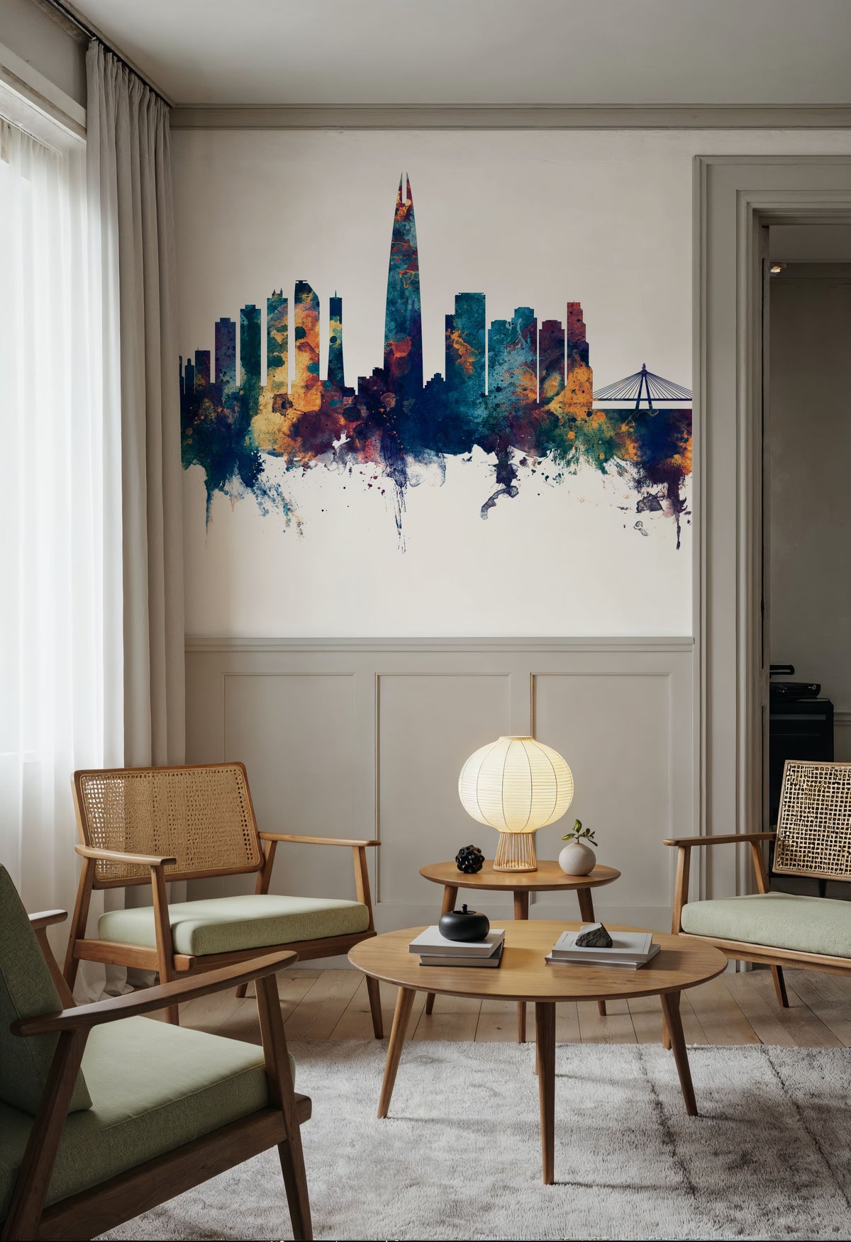 Seoul Skyline Blue & Bronze Mural Wallpaper - room preview 02