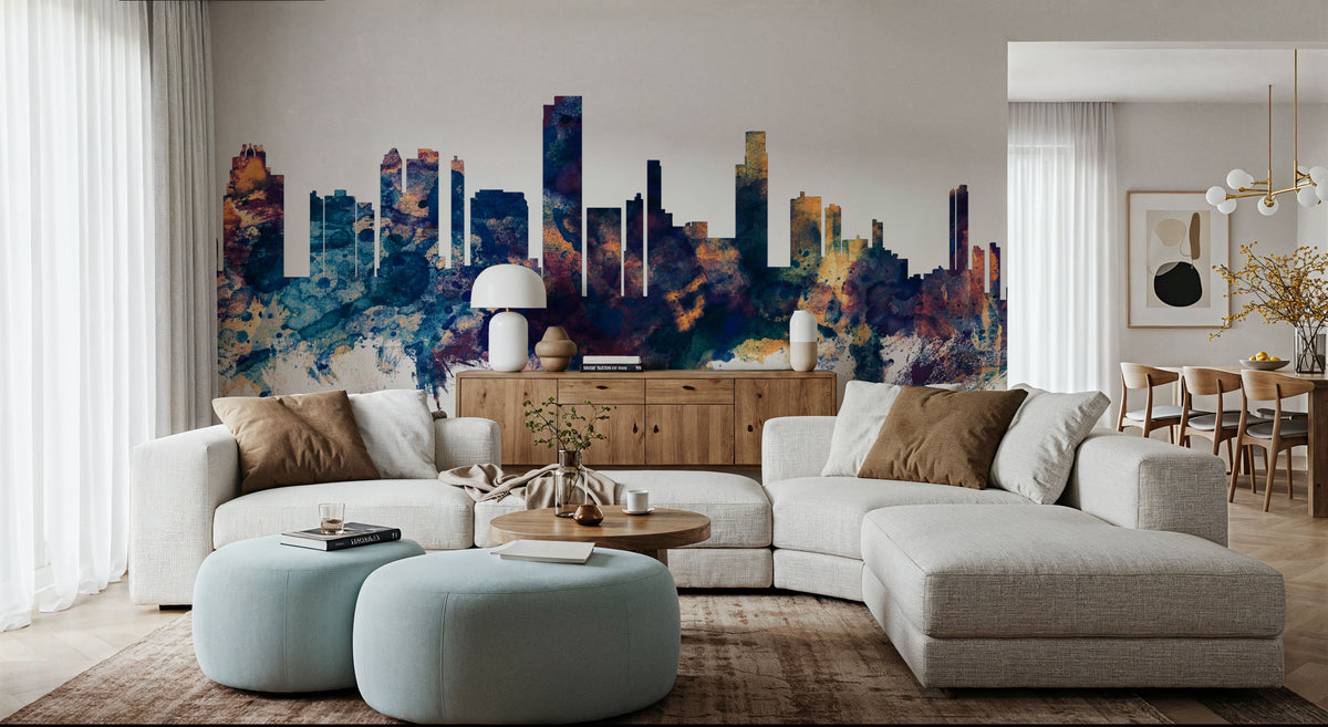 Honolulu Hawaii Skyline Blue & Bronze Mural Wallpaper - room preview 02
