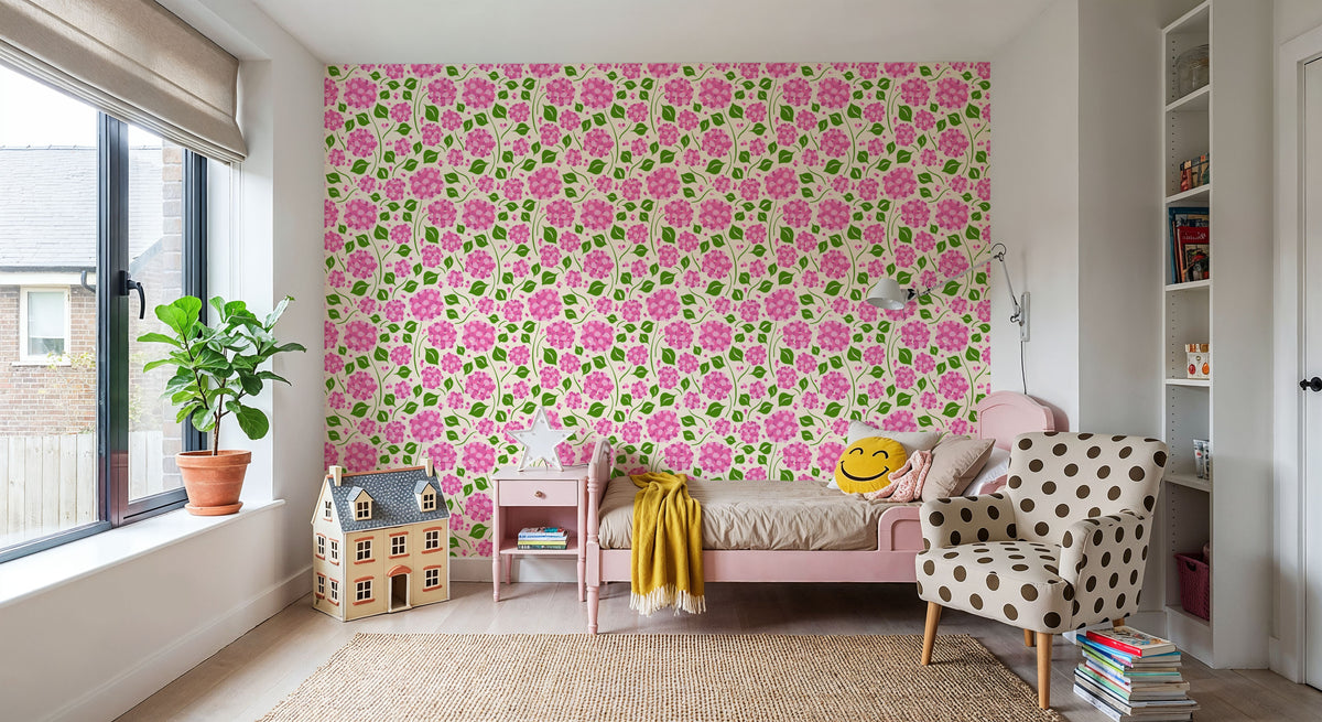 Cerise Hydrangeas Mural Wallpaper - room preview 02