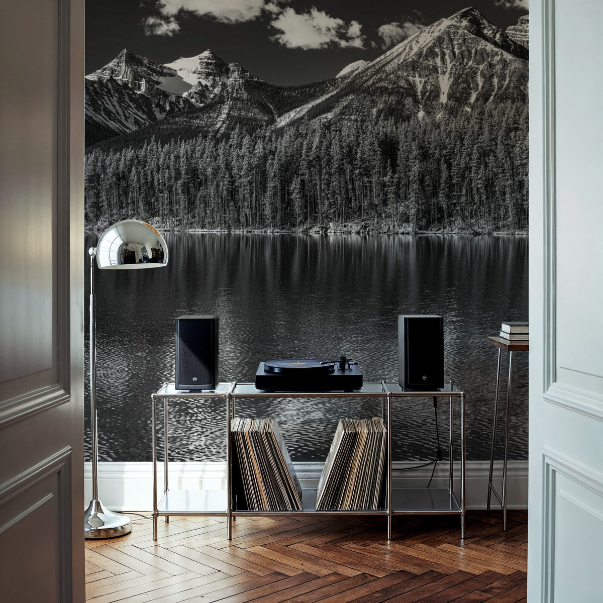 Lake Louise BW Mural Wallpaper - room preview 02